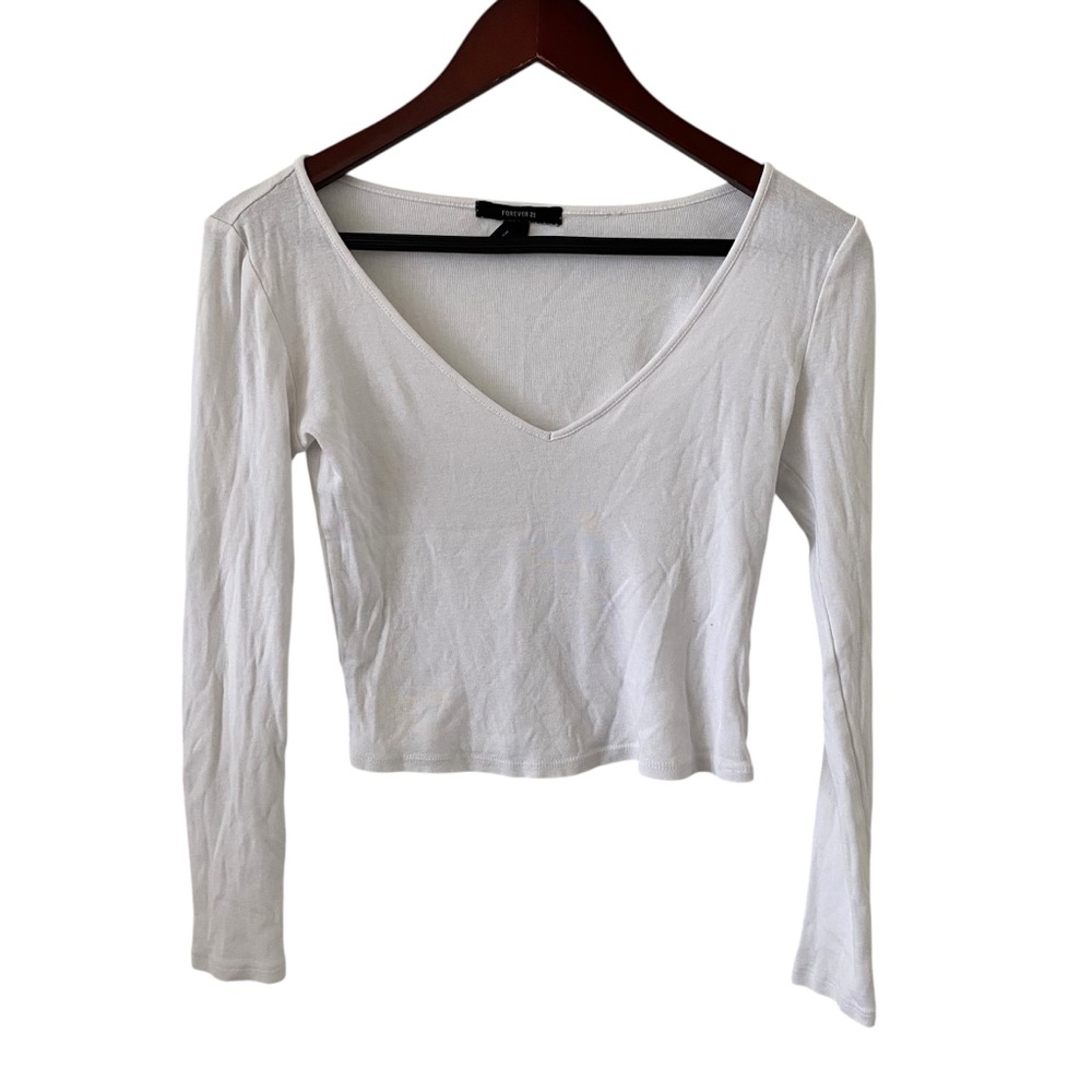 Forever 21 White Long Sleeve V-Neck Crop Top Women’s Size Small